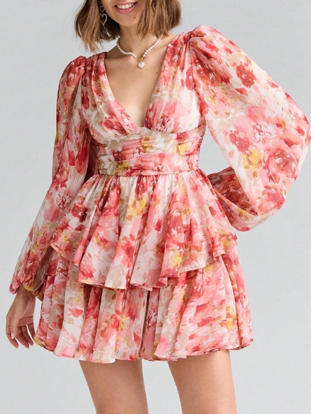 Red Boho Romantic Women's Elegant Floral Lantern Sleeve Dress